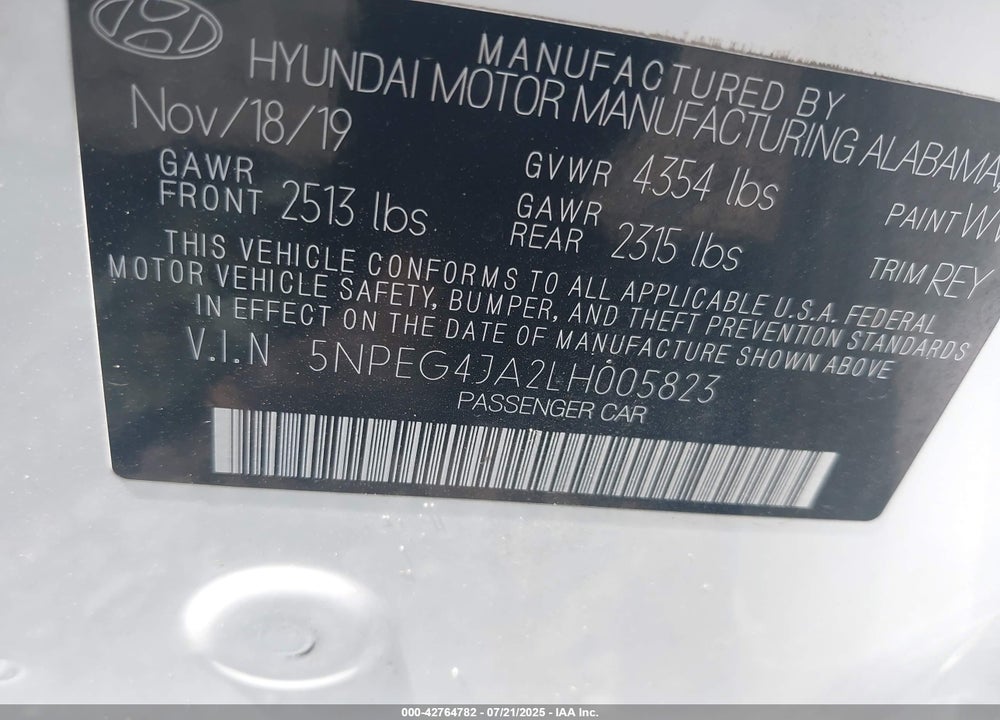 2020 HYUNDAI SONATA VIN: 5NPEG4JA2LH005823