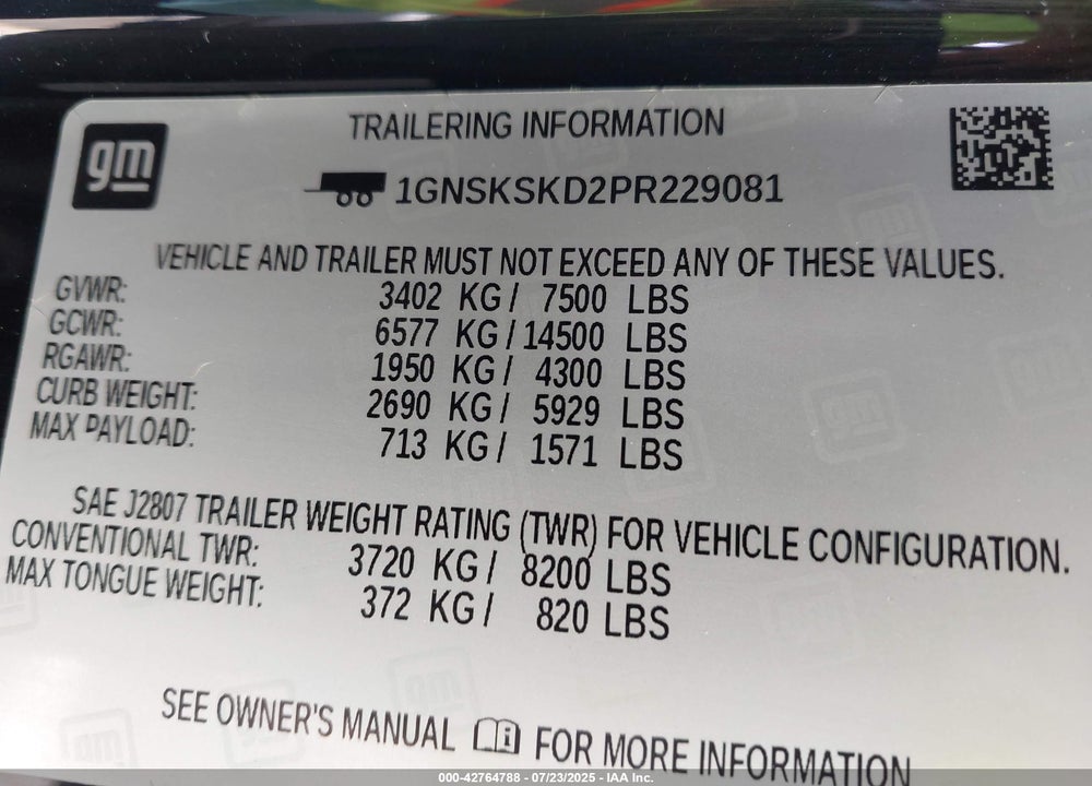 2023 CHEVROLET TAHOE VIN: 1GNSKSKD2PR229081