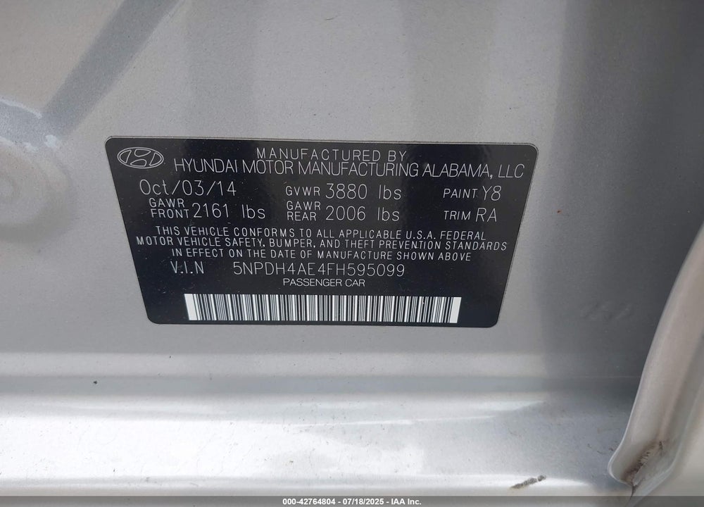2015 HYUNDAI ELANTRA VIN: 5NPDH4AE4FH595099