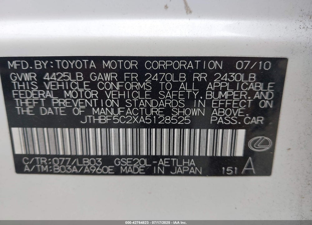 2010 LEXUS IS250 VIN: JTHBF5C2XA5128525