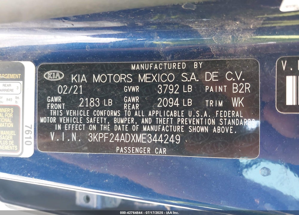 2021 KIA FORTE VIN: 3KPF24ADXME344249