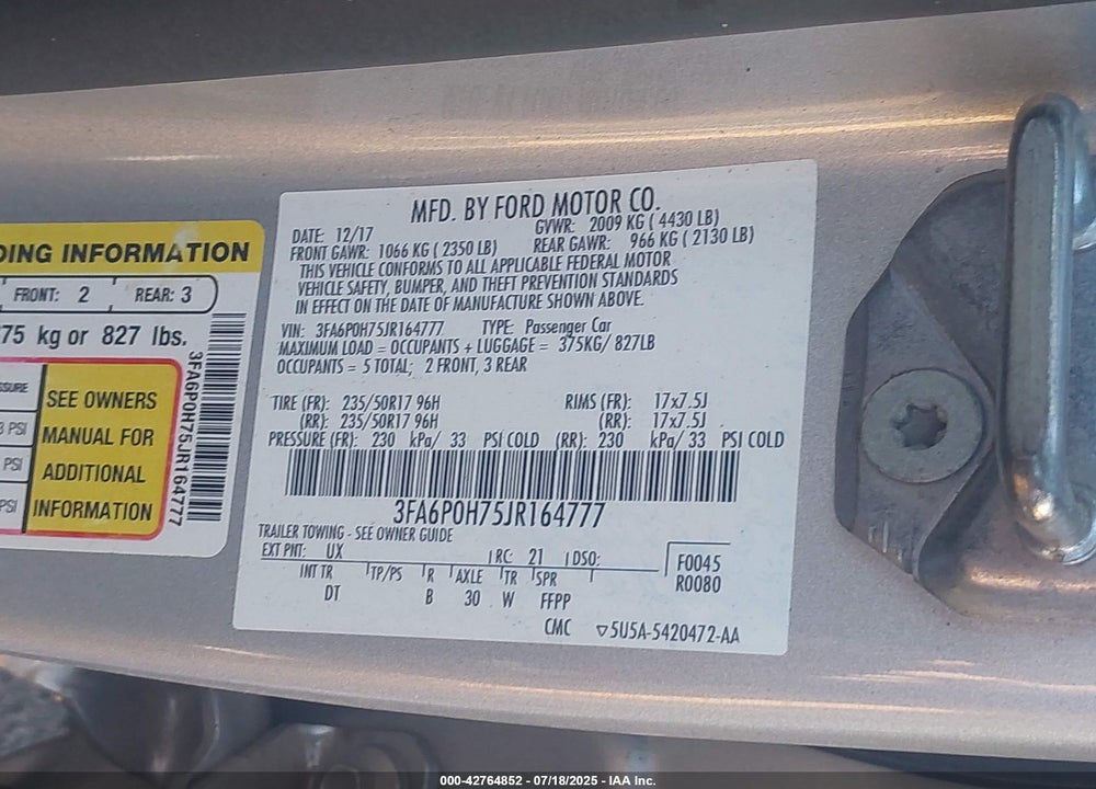 2018 FORD FUSION VIN: 3FA6P0H75JR164777