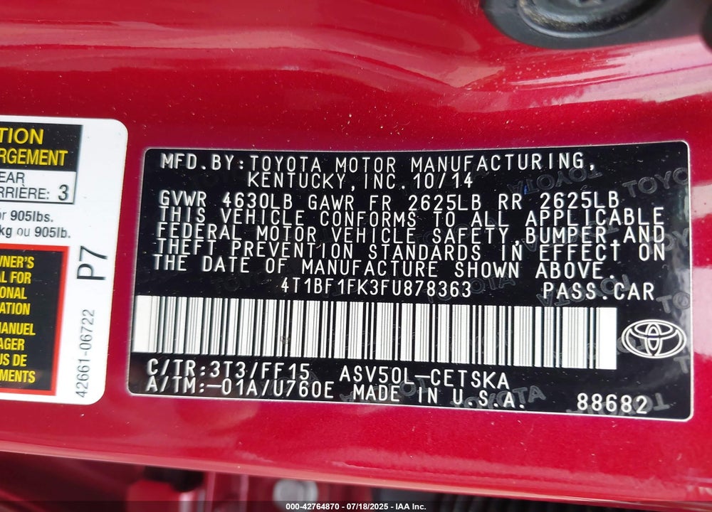 2015 TOYOTA CAMRY VIN: 4T1BF1FK3FU878363