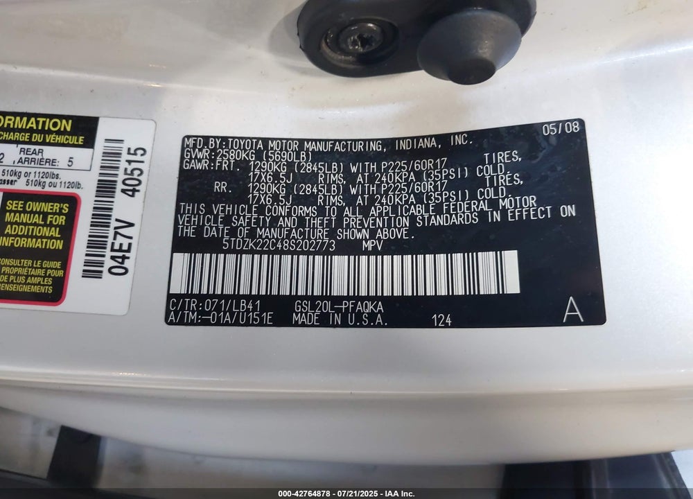 2008 TOYOTA SIENNA VIN: 5TDZK22C48S202773