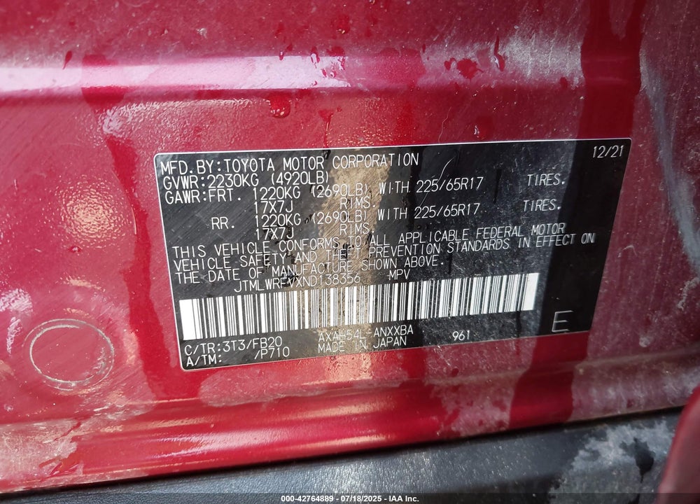 2022 TOYOTA RAV4 HYBRID VIN: JTMLWRFVXND138356