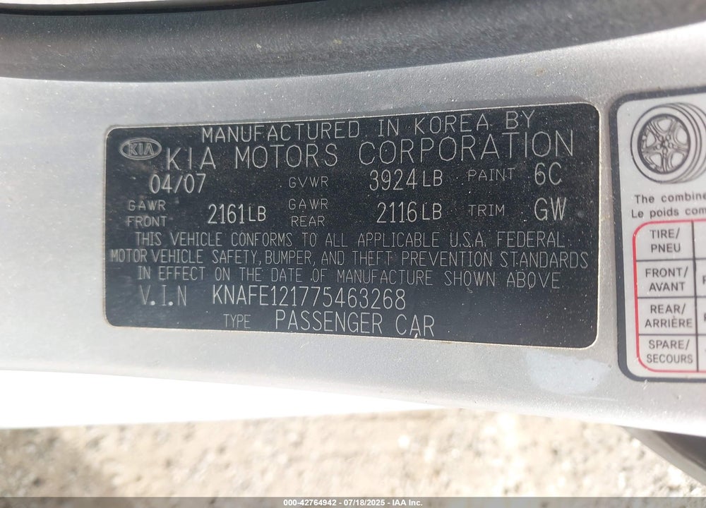 2007 KIA SPECTRA VIN: KNAFE121775463268