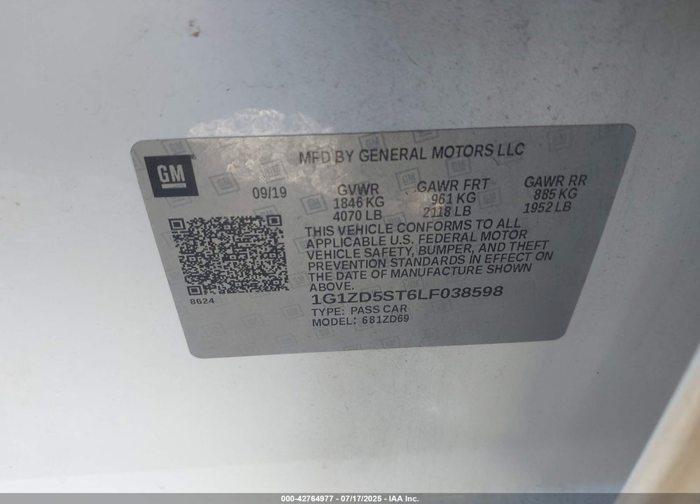 2020 CHEVROLET MALIBU VIN: 1G1ZD5ST6LF038598