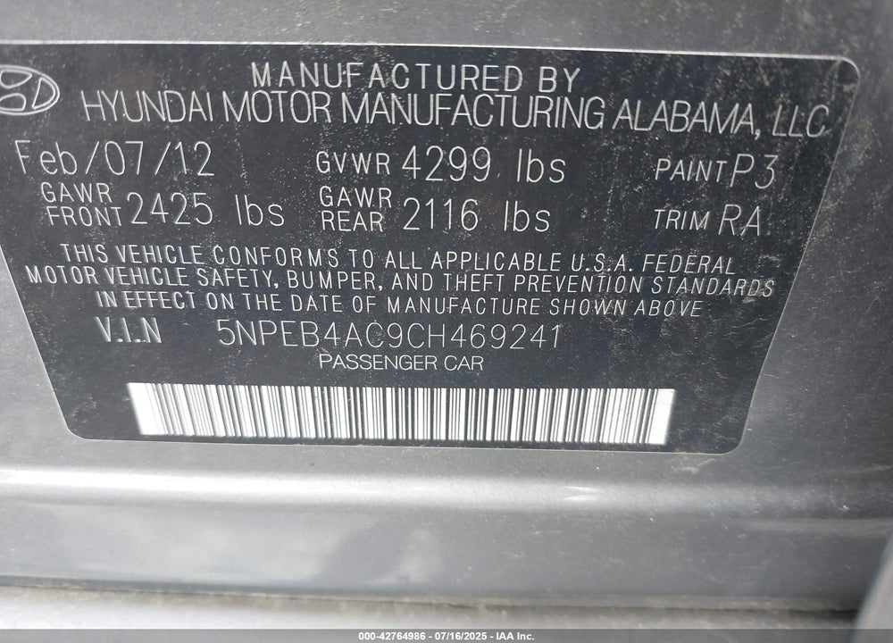 2012 HYUNDAI SONATA VIN: 5NPEB4AC9CH469241