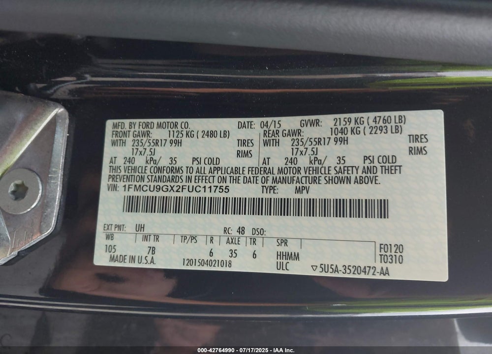 2015 FORD ESCAPE VIN: 1FMCU9GX2FUC11755