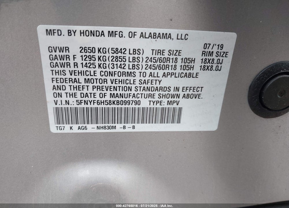 2019 HONDA PILOT VIN: 5FNYF6H58KB099790