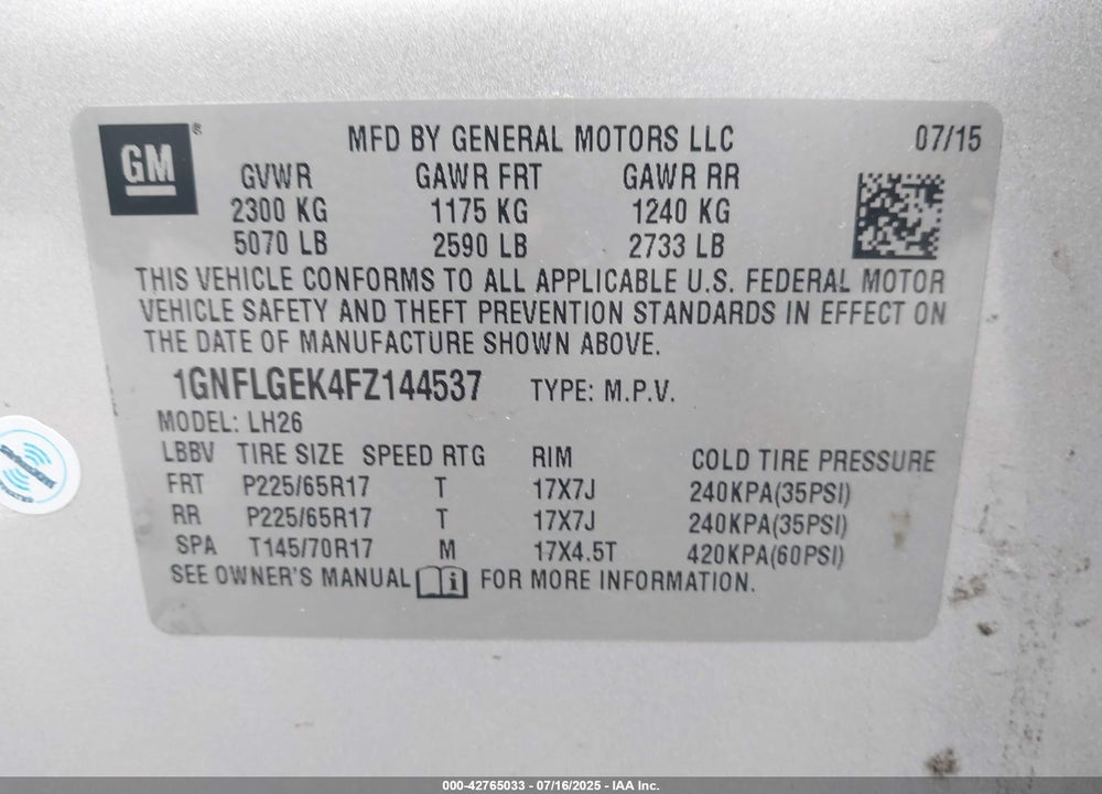 2015 CHEVROLET EQUINOX VIN: 1GNFLGEK4FZ144537