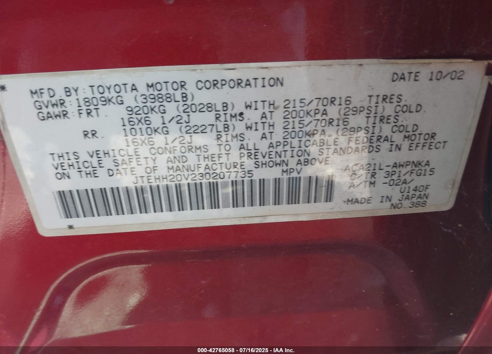 2003 TOYOTA RAV4 VIN: JTEHH20V230207735