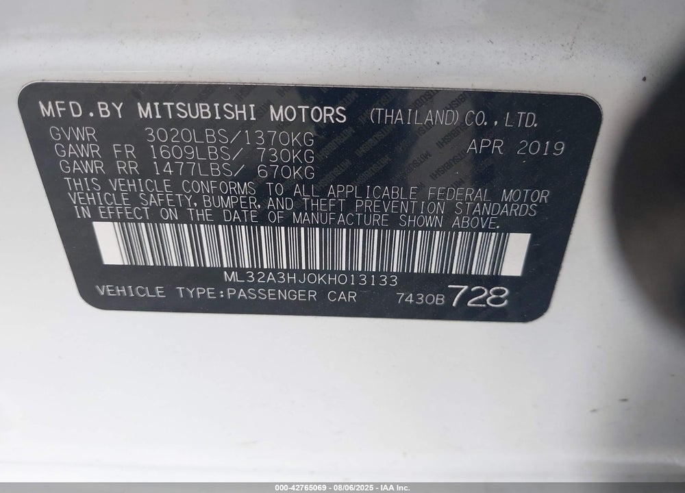 2019 MITSUBISHI MIRAGE ES VIN: ML32A3HJ0KH013133