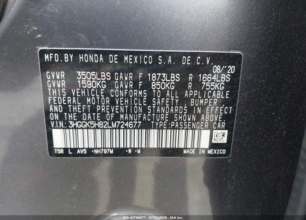 2020 HONDA FIT VIN: 3HGGK5H82LM724677