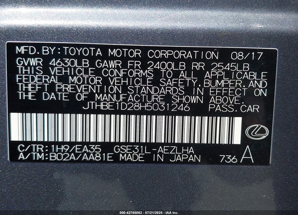 2017 LEXUS IS 350 VIN: JTHBE1D28H5031246
