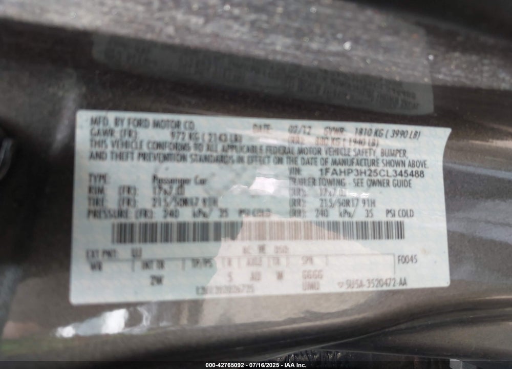 2012 FORD FOCUS VIN: 1FAHP3H25CL345488