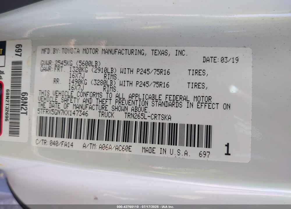 2019 TOYOTA TACOMA VIN: 5TFRX5GN7KX147346