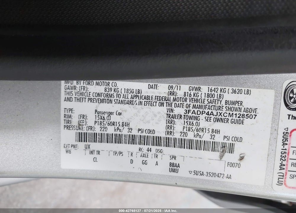 2012 FORD FIESTA VIN: 3FADP4AJXCM128507