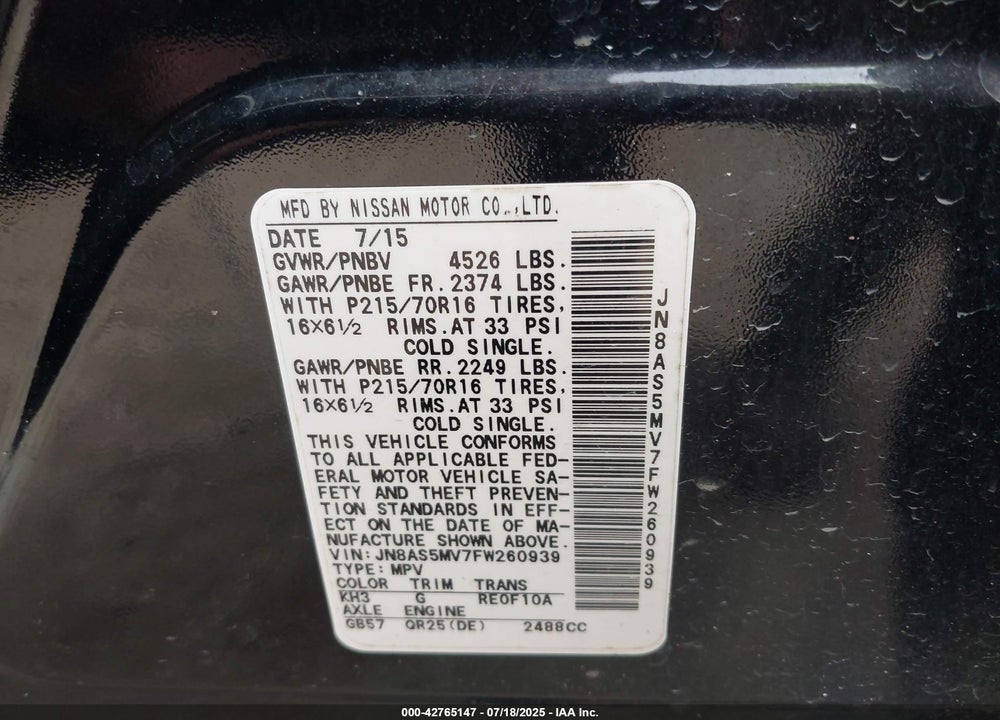 2015 NISSAN ROGUE VIN: JN8AS5MV7FW260939