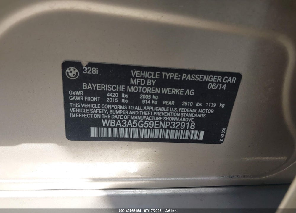 2014 BMW 3 SERIES VIN: WBA3A5G59ENP32918