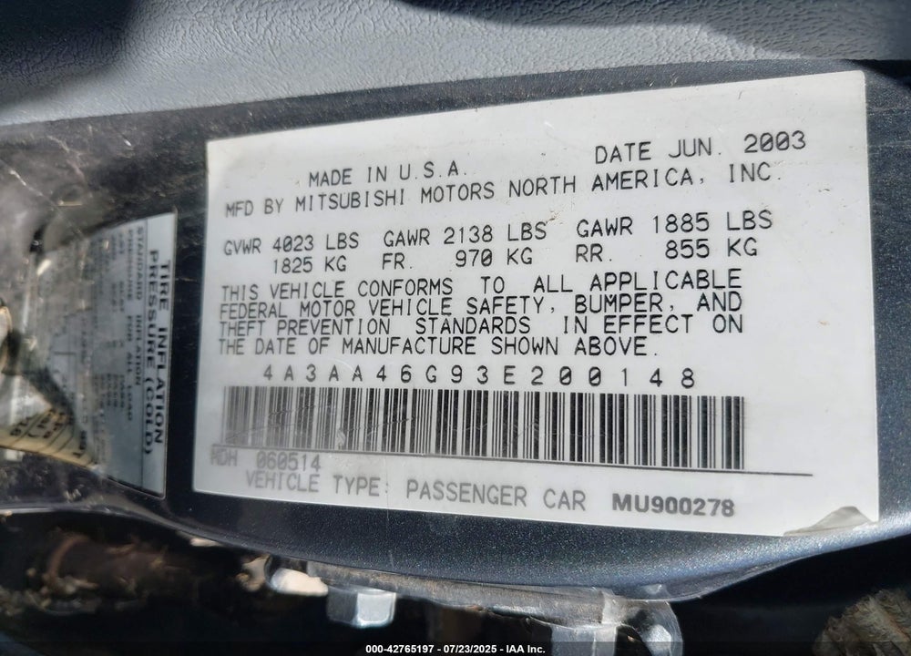 2003 MITSUBISHI GALANT VIN: 4A3AA46G93E200148