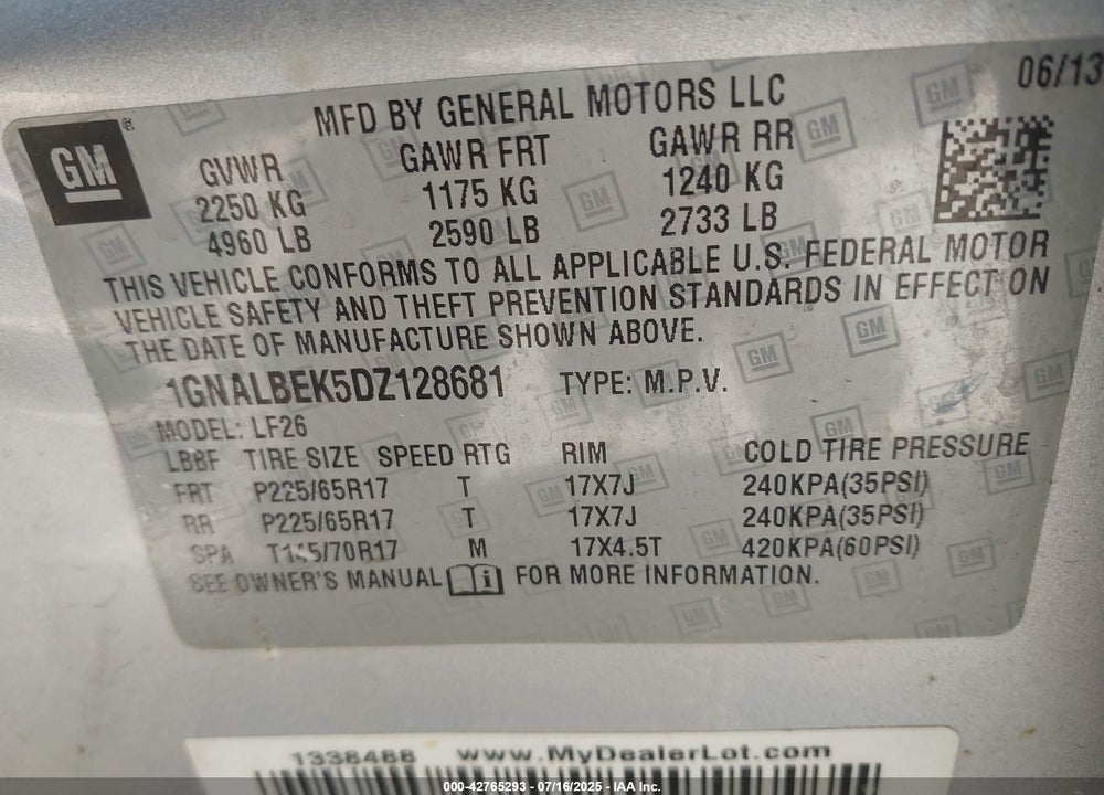 2013 CHEVROLET EQUINOX LS VIN: 1GNALBEK5DZ128681