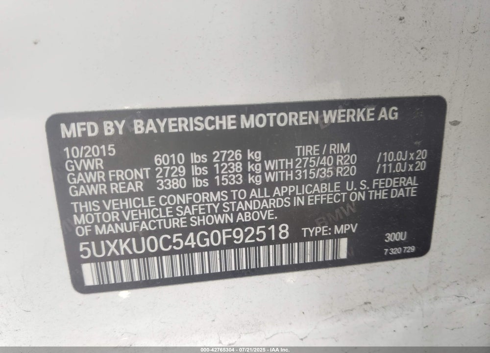 2016 BMW X6 SDRIVE35I VIN: 5UXKU0C54G0F92518