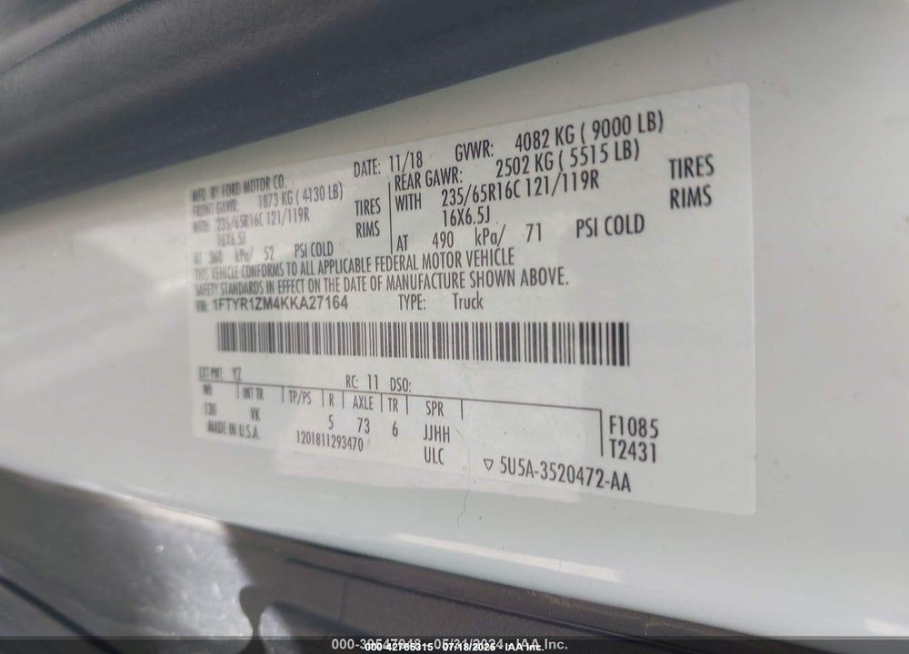 2019 FORD TRANSIT-250 VIN: 1FTYR1ZM4KKA27164