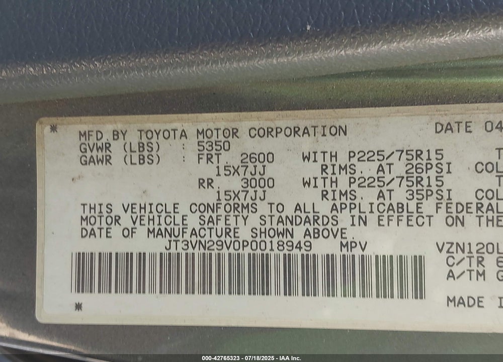 1993 TOYOTA 4RUNNER VN29 SR5 VIN: JT3VN29V0P0018949