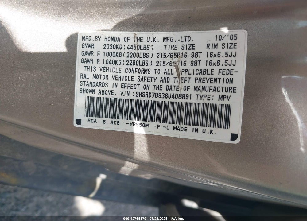 2006 HONDA CR-V VIN: SHSRD78936U408891