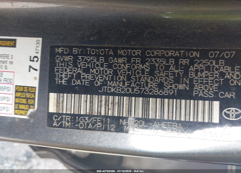 2007 TOYOTA PRIUS VIN: JTDKB20U573286891