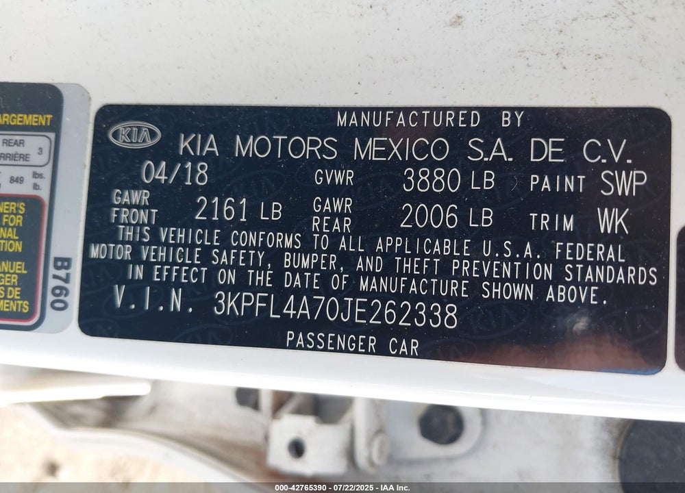 2018 KIA FORTE VIN: 3KPFL4A70JE262338