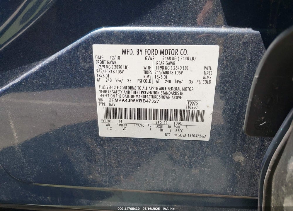 2019 FORD EDGE SEL VIN: 2FMPK4J95KBB47327