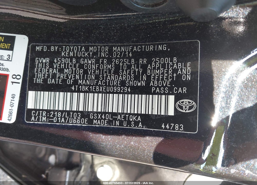 2014 TOYOTA AVALON VIN: 4T1BK1EBXEU099294