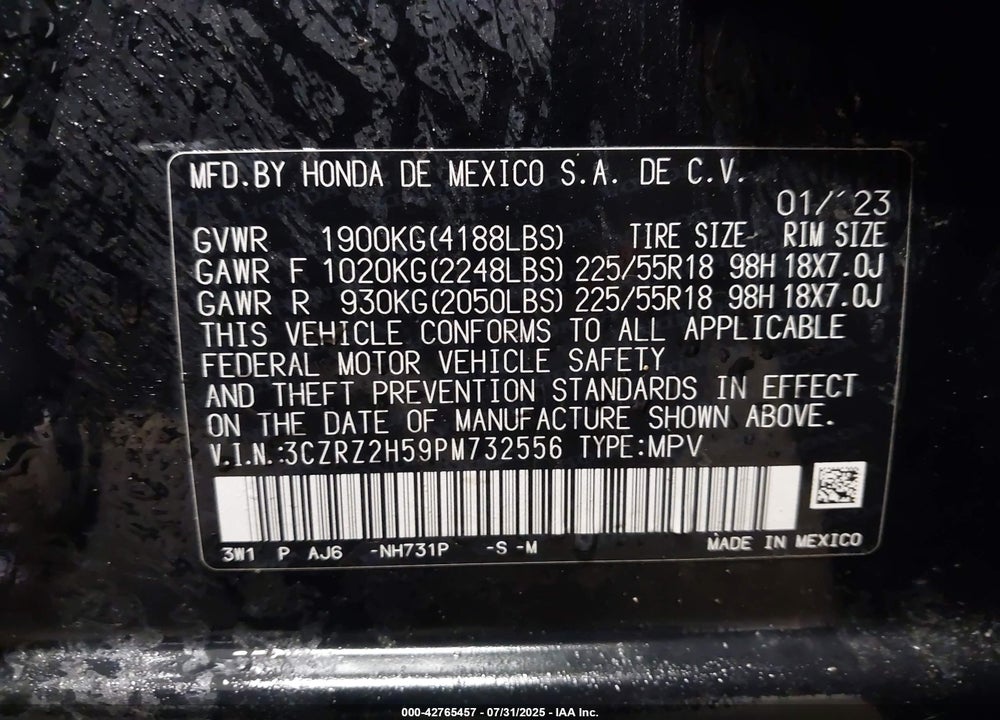2023 HONDA HR-V VIN: 3CZRZ2H59PM732556