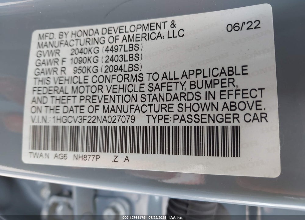 2022 HONDA ACCORD VIN: 1HGCV3F22NA027079