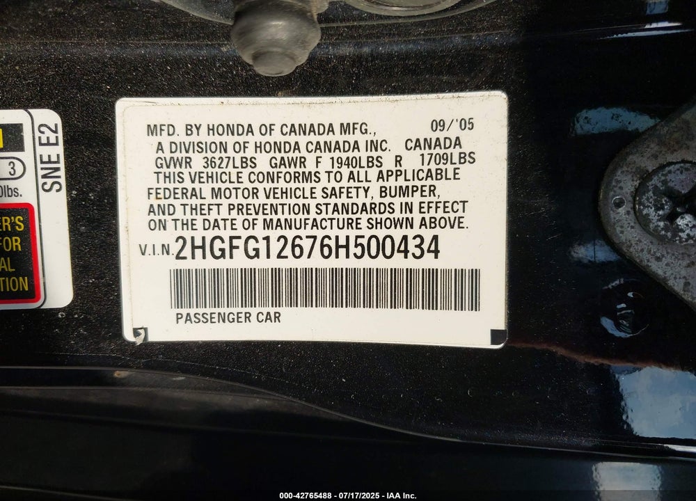 2006 HONDA CIVIC VIN: 2HGFG12676H500434