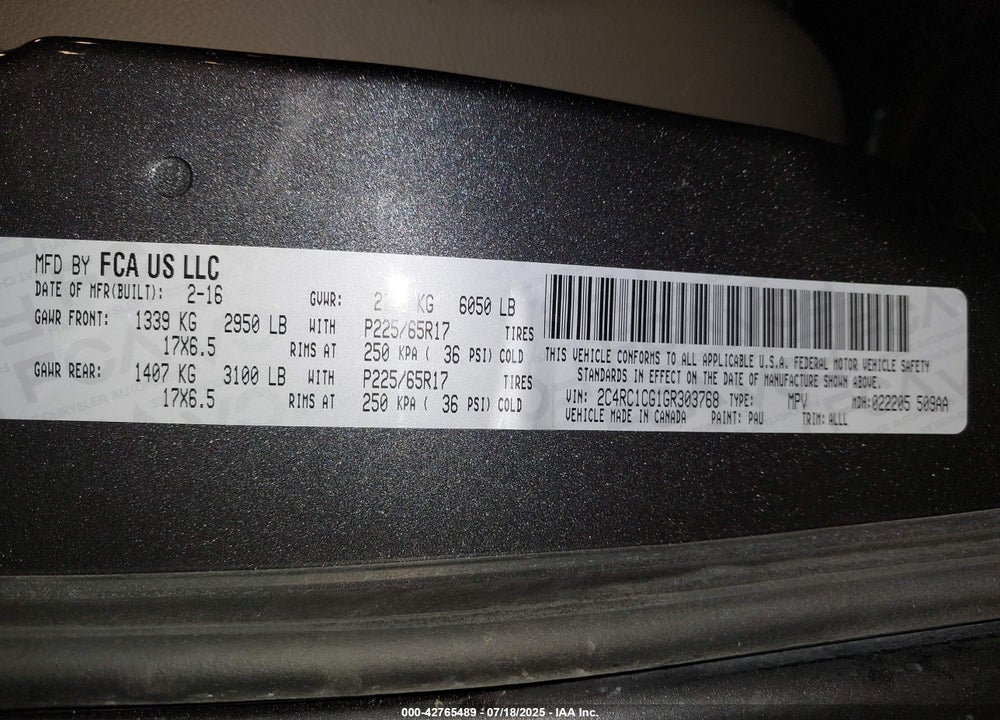 2016 CHRYSLER TOWN & COUNTRY TOURING-L VIN: 2C4RC1CG1GR303768