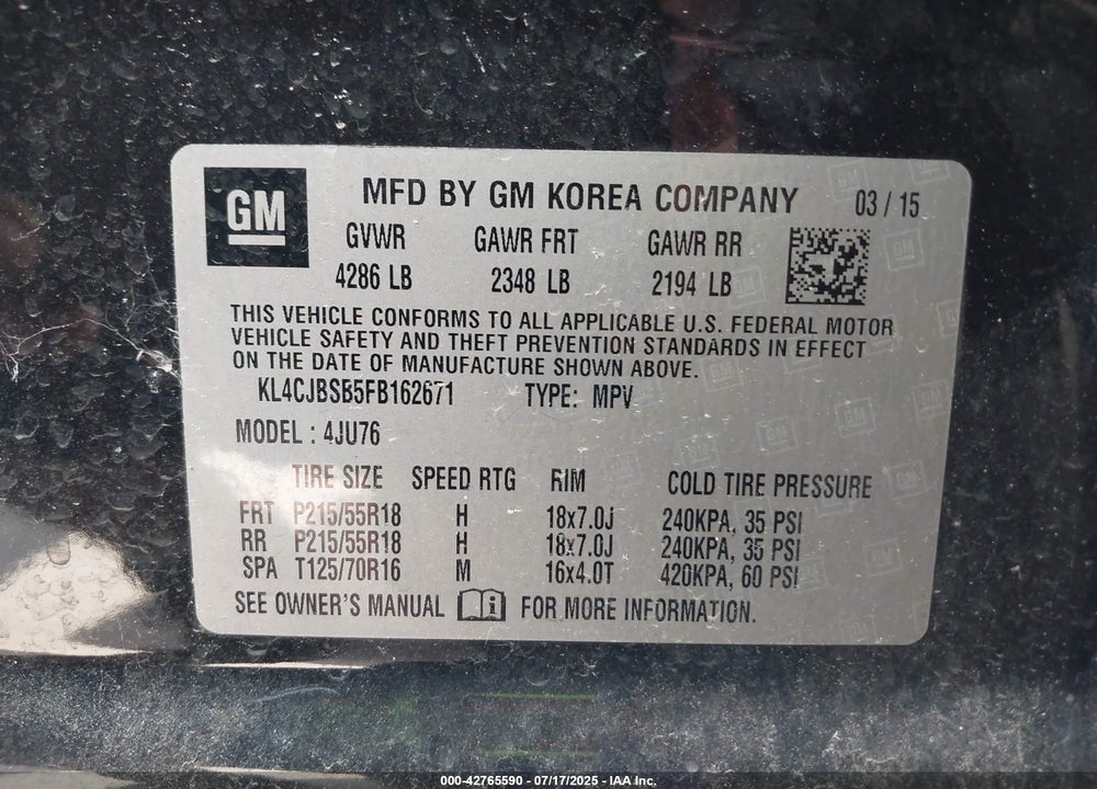 2015 BUICK ENCORE CONVENIENCE VIN: KL4CJBSB5FB162671