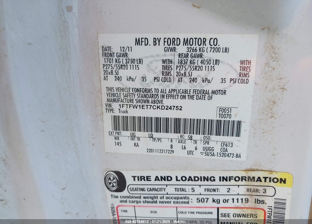 2012 FORD F-150 VIN: 1FTFW1ET7CKD24752