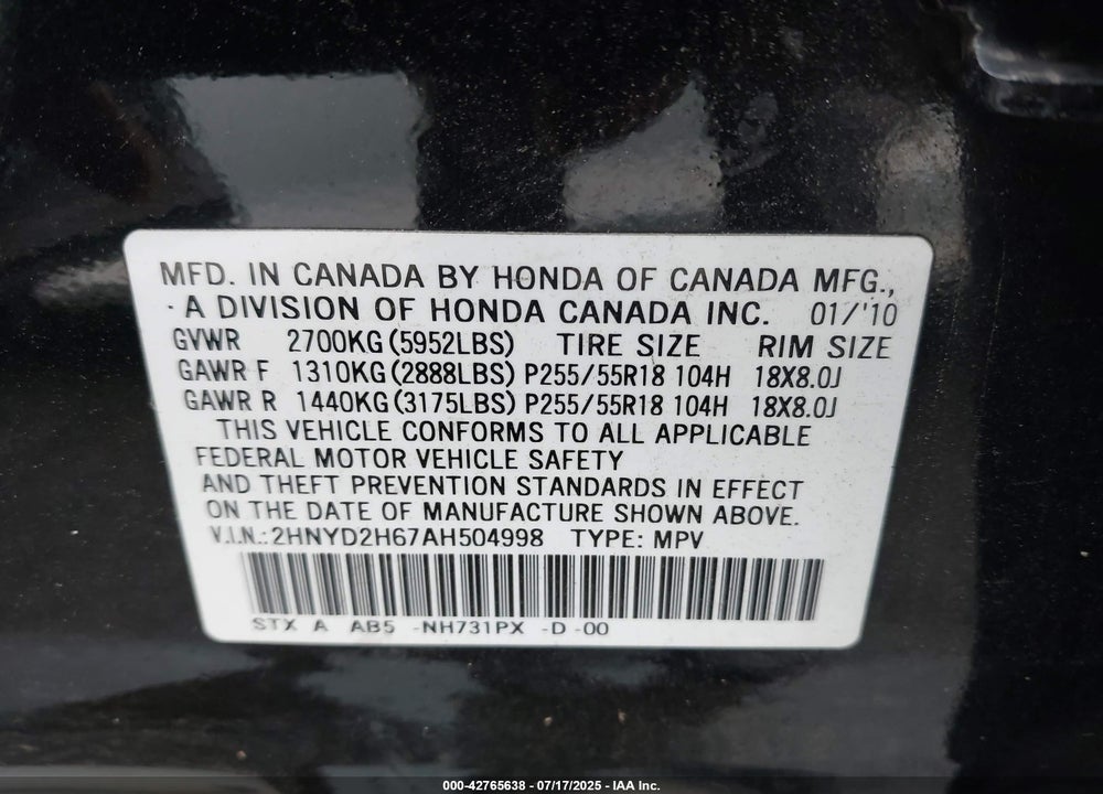 2010 ACURA MDX VIN: 2HNYD2H67AH504998