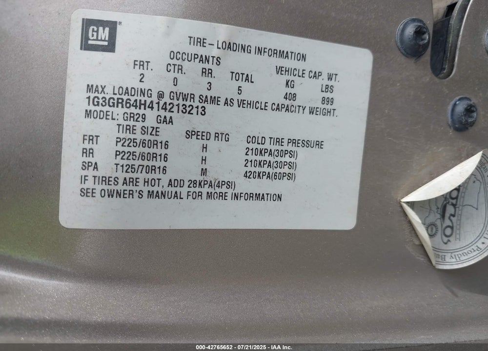 2001 OLDSMOBILE AURORA 3.5 VIN: 1G3GR64H414213213