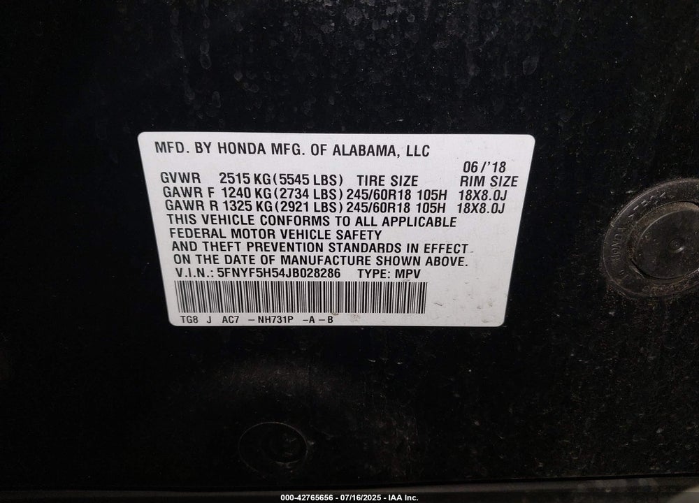 2018 HONDA PILOT VIN: 5FNYF5H54JB028286