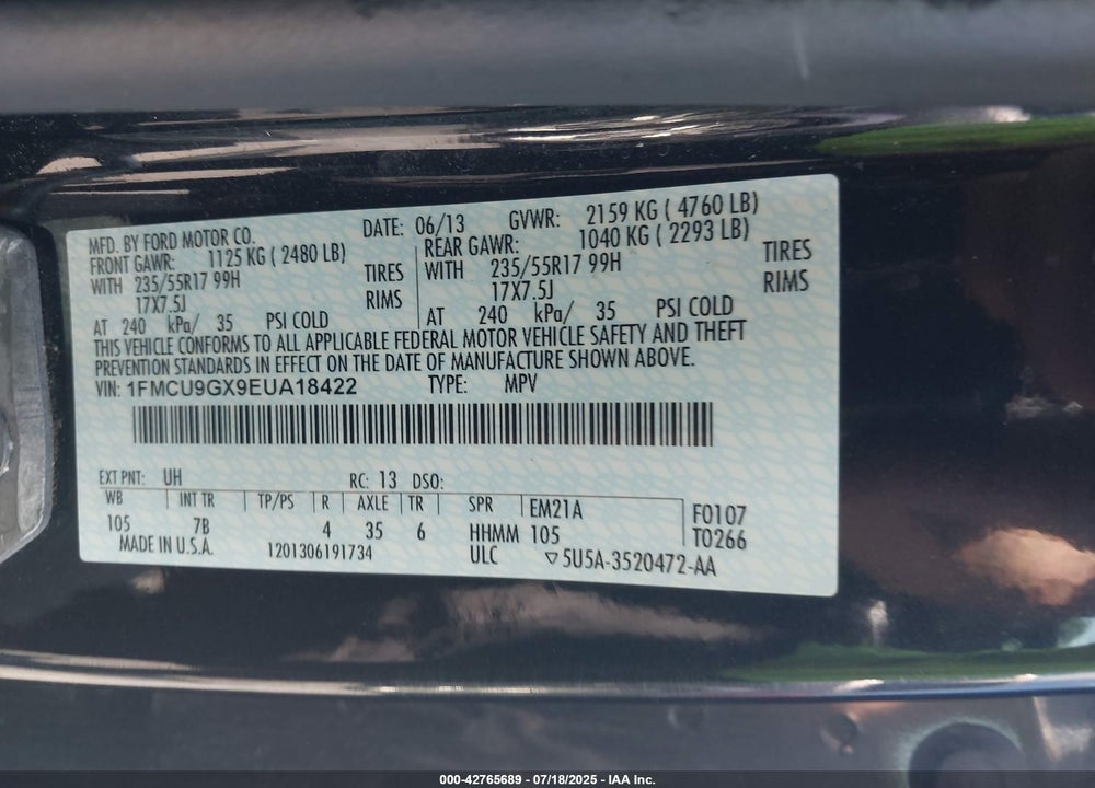 2014 FORD ESCAPE VIN: 1FMCU9GX9EUA18422