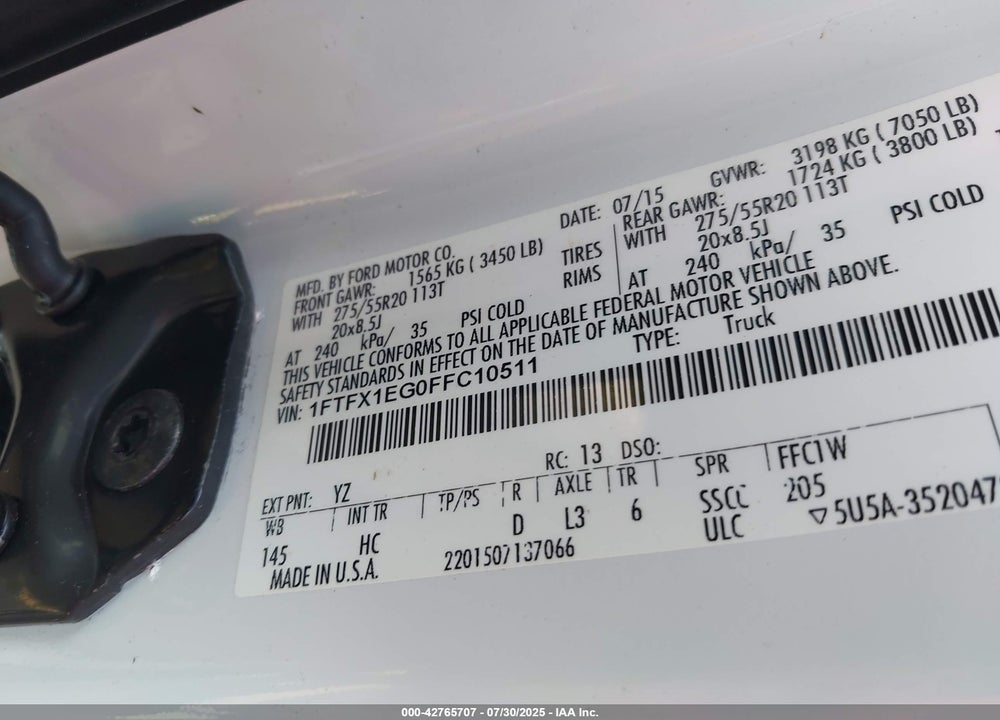 2015 FORD F-150 LARIAT VIN: 1FTFX1EG0FFC10511