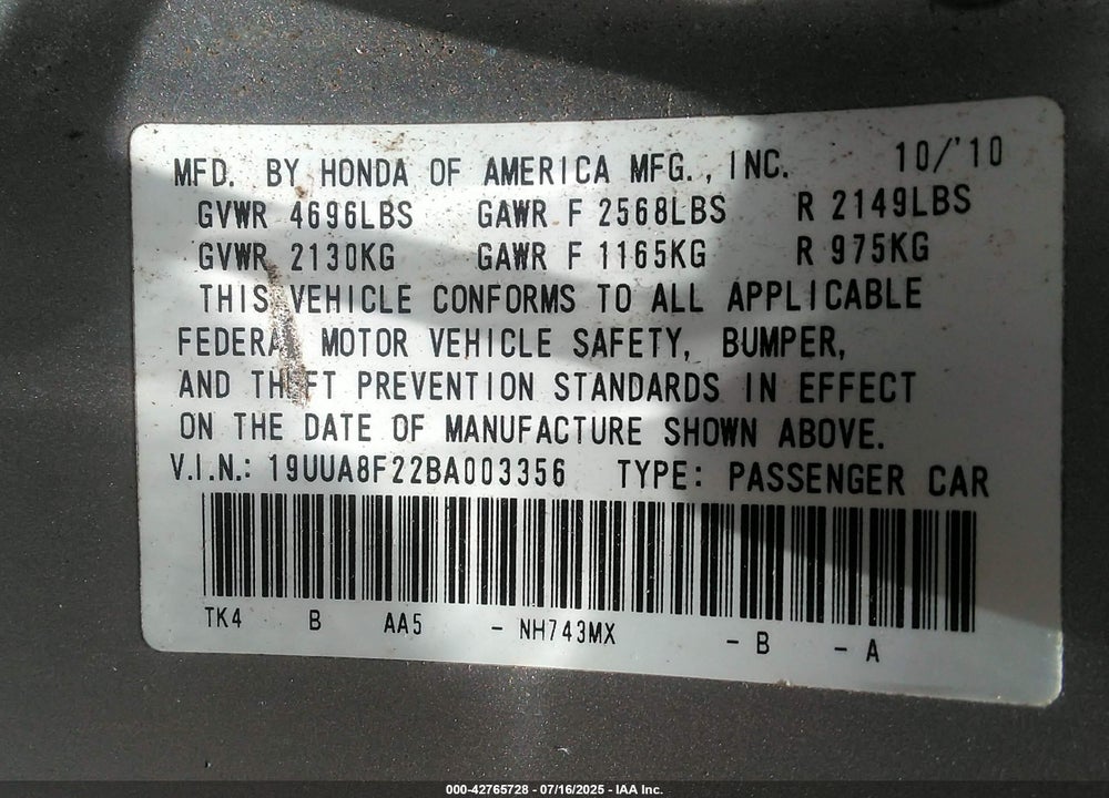 2011 ACURA TL VIN: 19UUA8F22BA003356