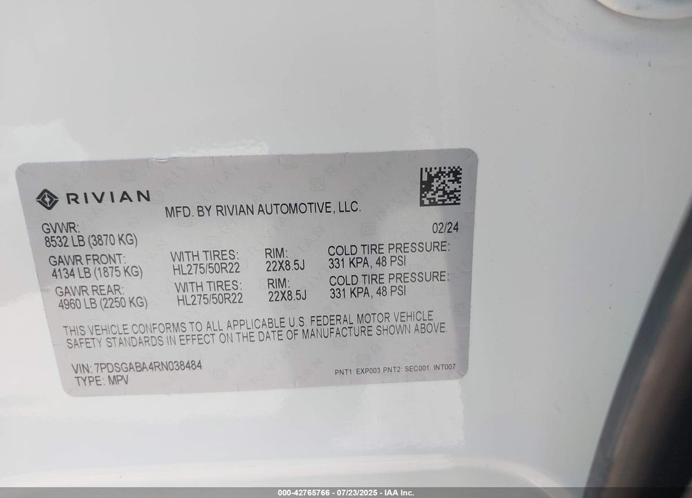 2024 RIVIAN R1S VIN: 7PDSGABA4RN038484