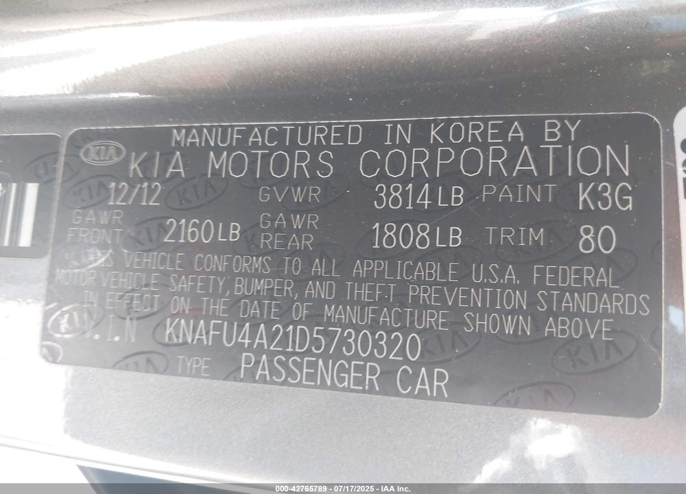 2013 KIA FORTE VIN: KNAFU4A21D5730320