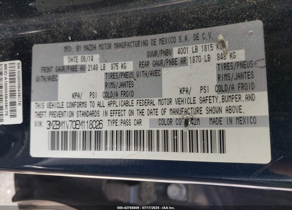 2014 MAZDA 3 VIN: 3MZBM1V70EM118026