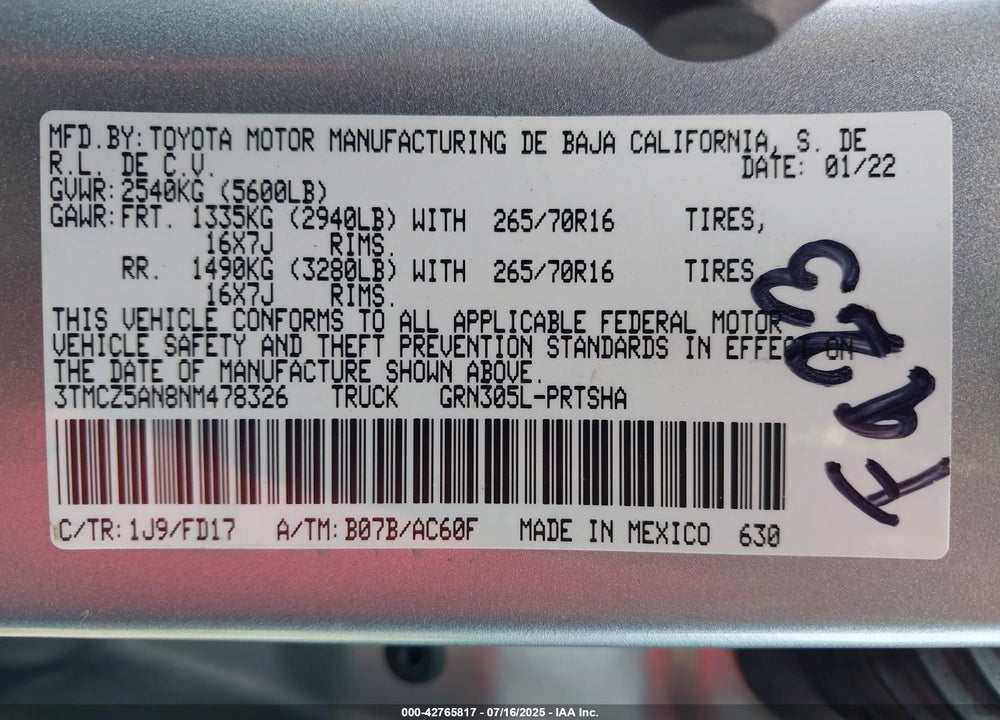 2022 TOYOTA TACOMA VIN: 3TMCZ5AN8NM478326